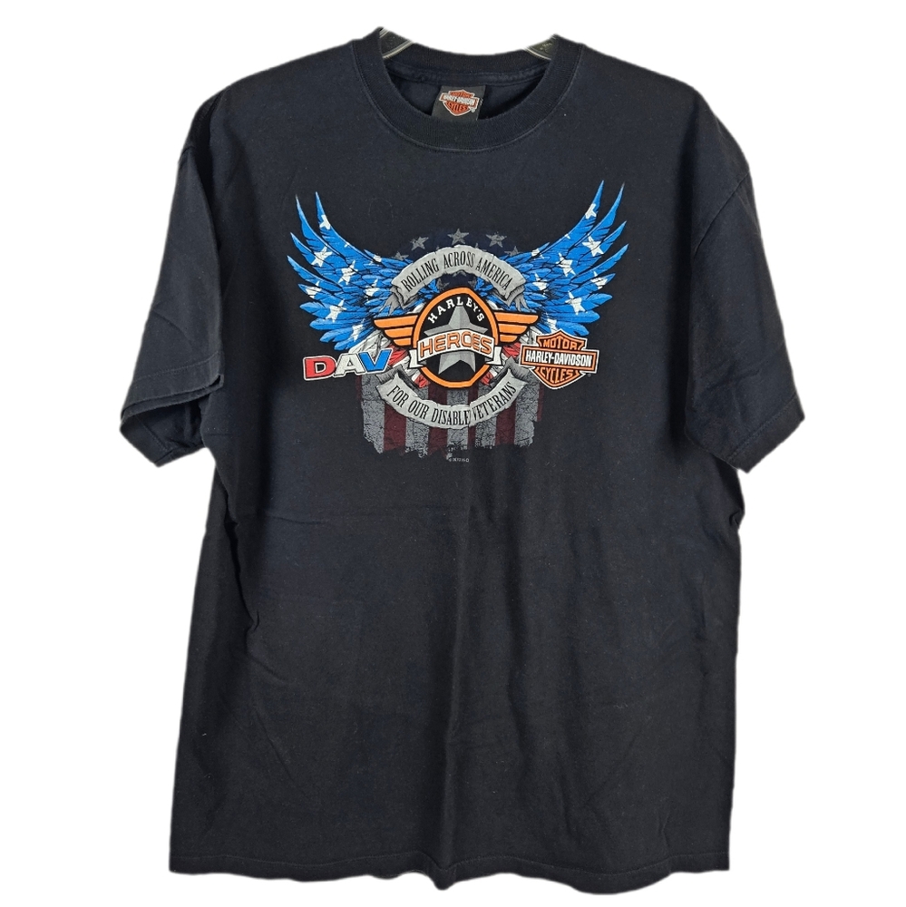 Harley Davidson Mens Short Sleeve Shirt Crew Neck Black DAV Veterans USA Graphic